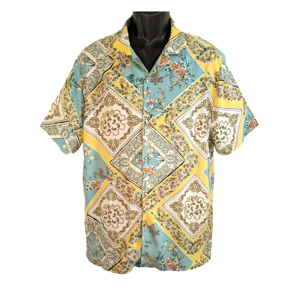 Denim & Flower Ricky Singh Men's XL Hawaiian Yellow Green Viscose Beach Shirt